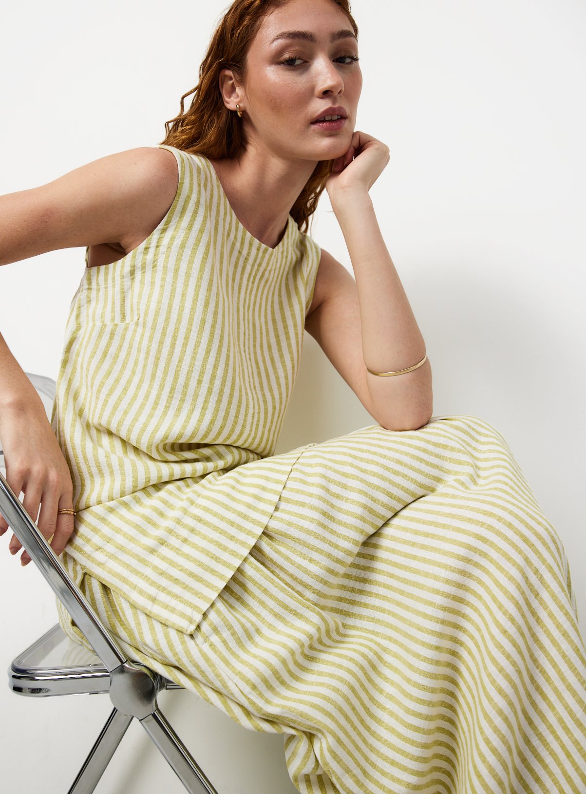 Green Stripe Print Linen Rich Shell Top 18 - Image 1 thumbnail